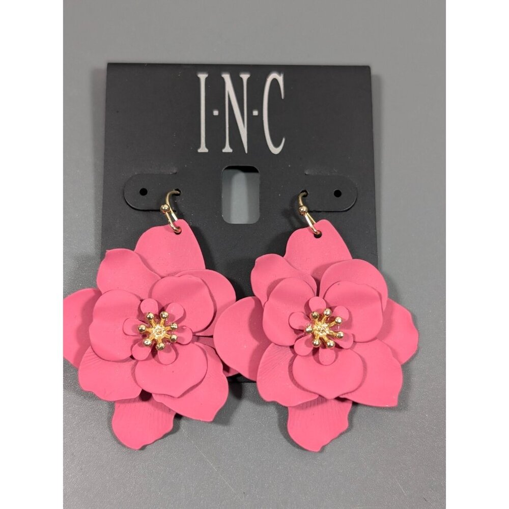 INC International Concepts Pink Metallic Flower Drop Dangle Earrings Boho NEW